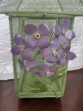 Green Metal Lantern with Purple Floral Accent
